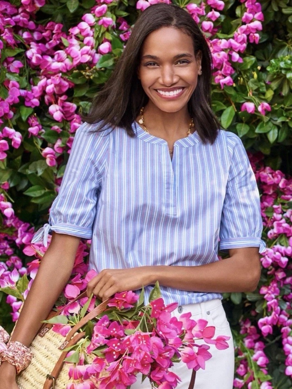 Talbots Striped Split Neck Poplin Tie Sleeves Top Size 1X